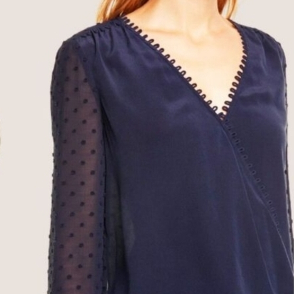 L'AGENCE Navy Blouse with Sheer Sleeves